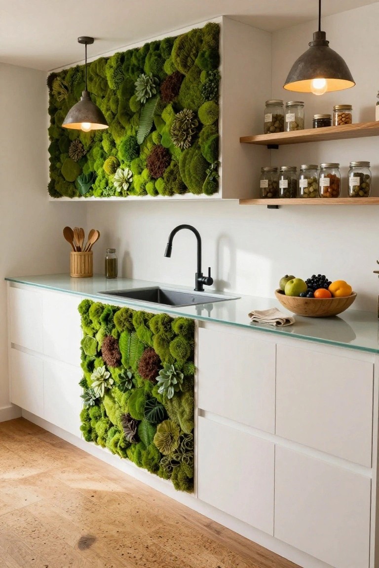Modern white kitchen featuring preserved moss wall panels on upper cabinets and lower cabinet side, with glass countertop, stainless sink, wooden spoons, jars on open shelves, and a bowl of fruit.