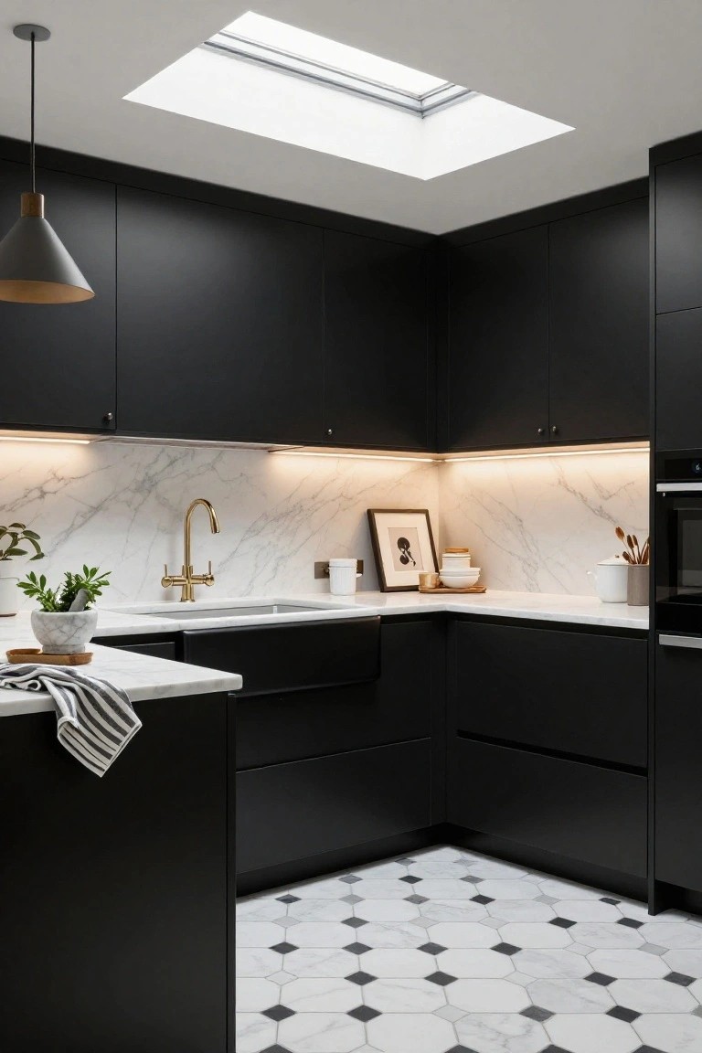 Modern corner kitchen with matte black cabinets, white marble countertop and backsplash, gold faucet, under-cabinet lighting, skylight, plants, and black-and-white checkered tile floor.