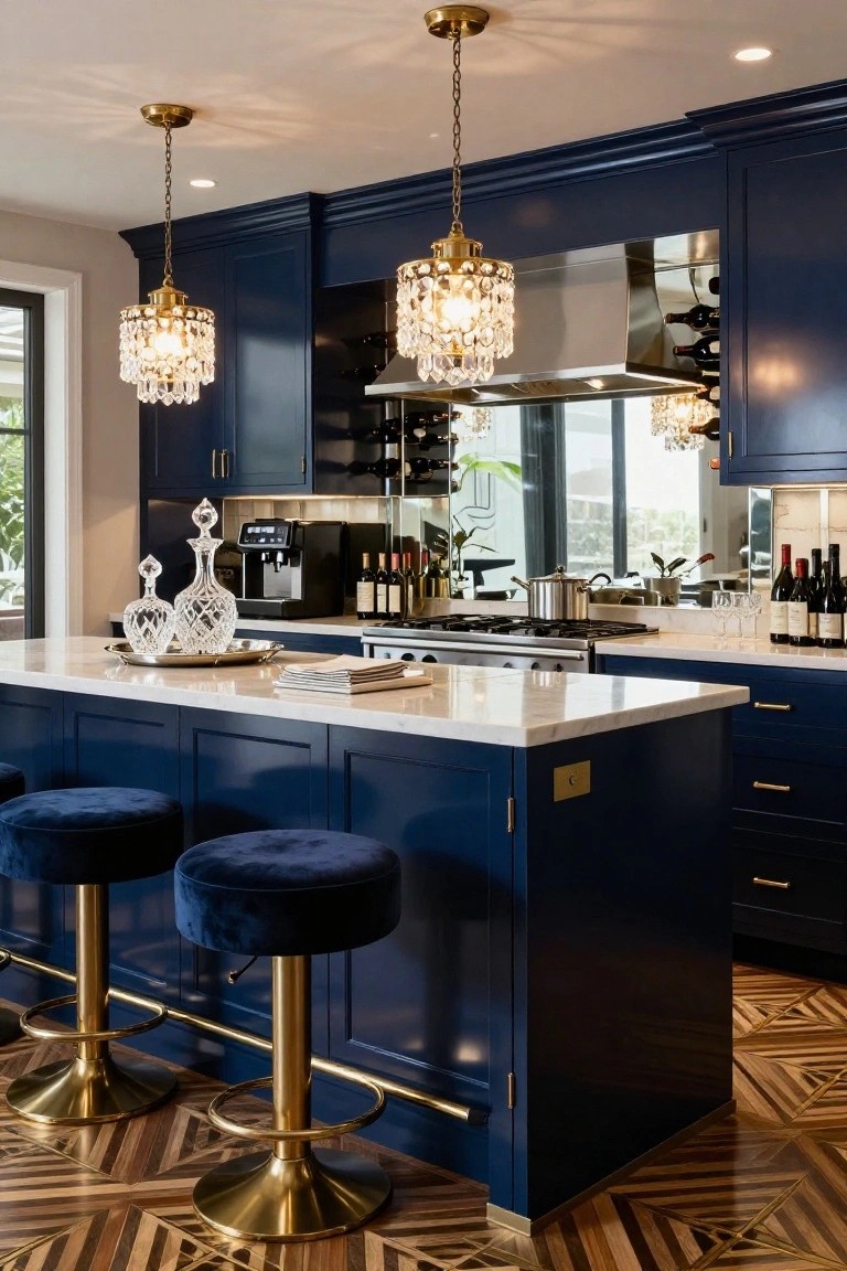 A kitchen interior with navy blue cabinetry, white marble island topped with glass decanters, navy velvet barstools on brass bases, crystal pendant lights, stainless steel appliances, and a gas range.