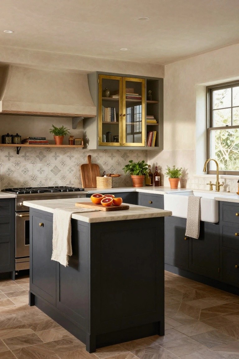 Kitchen with matte navy cabinets on island and lowers, white marble counters, brass faucet on farmhouse sink, tiled backsplash, and wooden accents.