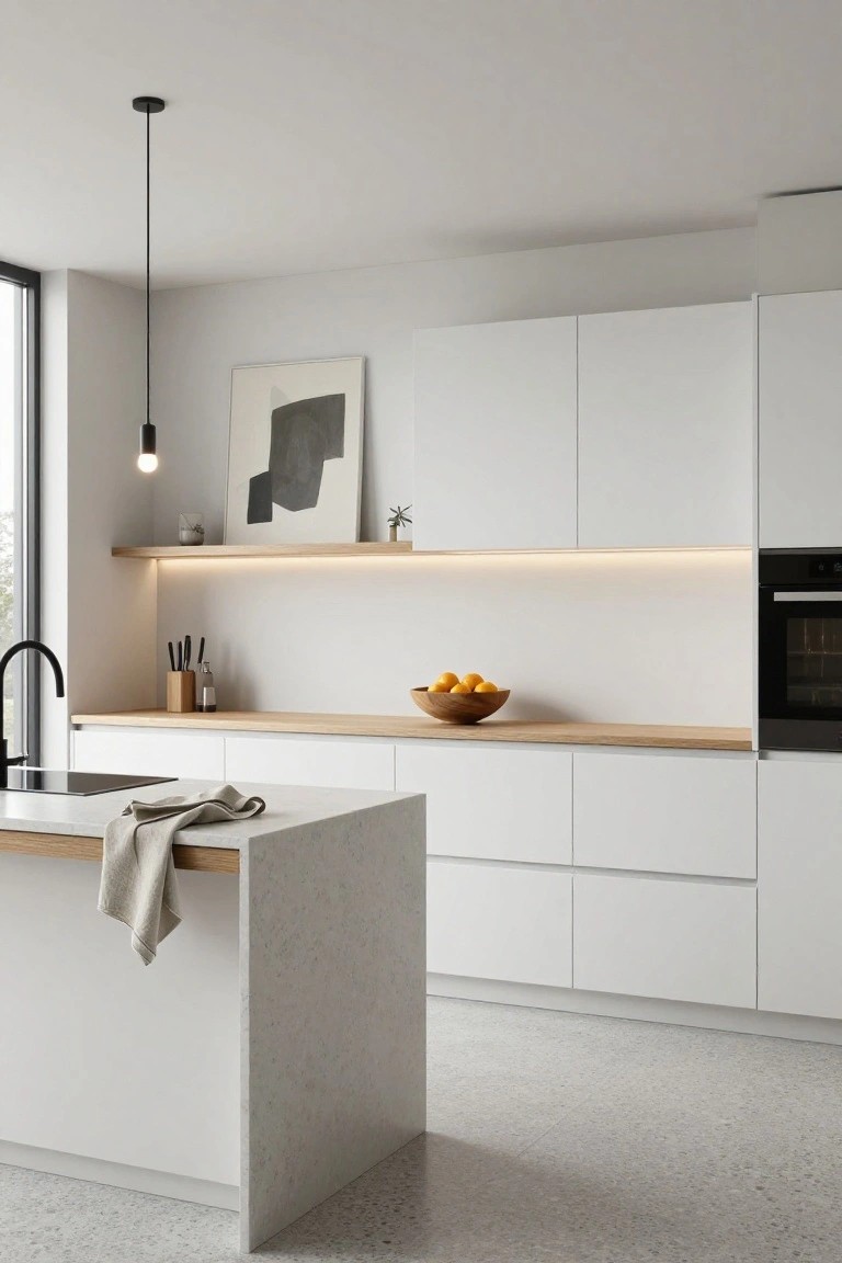 Modern kitchen interior with white flat-panel cabinets, oak wood open shelves and accents, central white island with oak trim, black faucet, and light terrazzo floor.