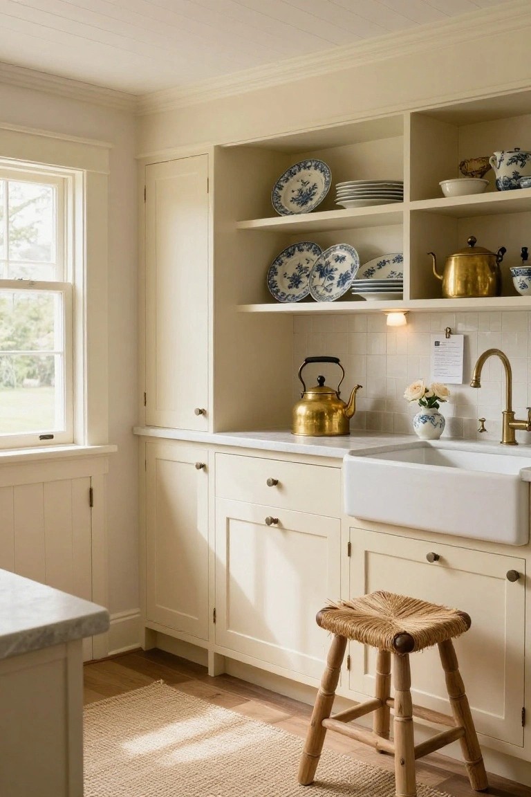 Cream kitchen with open upper shelves displaying stacked blue and white plates and bowls, brass kettle on marble countertop beside white farmhouse sink, woven stool on wood floor.