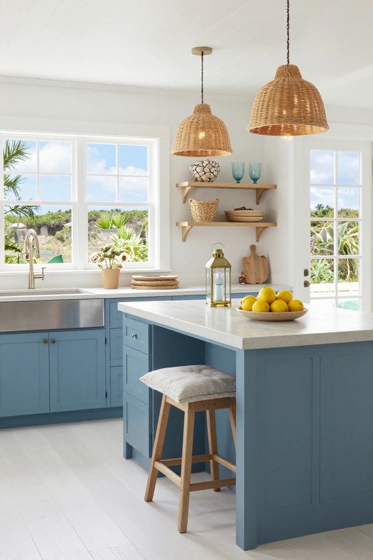 Bright kitchen interior with navy blue lower cabinets, white quartz countertops and island topped with a wooden bowl of lemons, two rattan pendant lights hanging above the island, wooden bar stool, open shelves with baskets and dishes, farmhouse sink, and large windows showing tropical plants and pool outside.