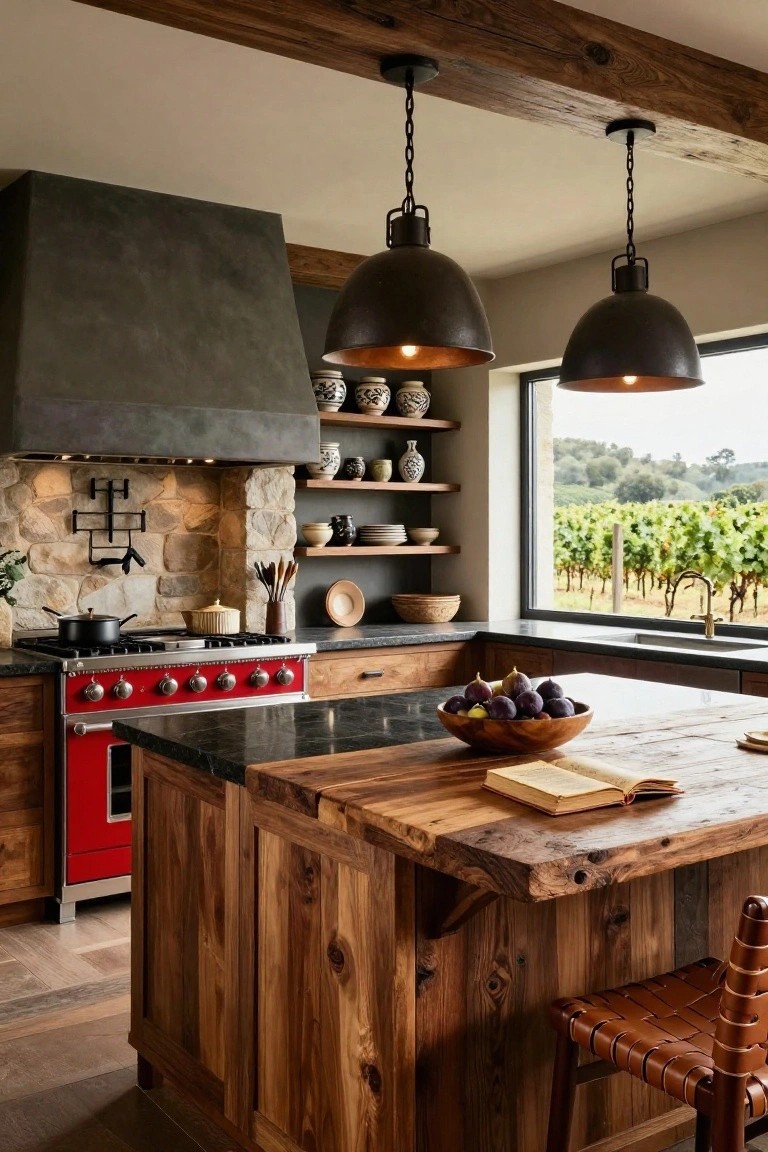 Luxury kitchen with wooden island, red range, stone backsplash, open shelves with ceramics, and large window showing vineyard view.