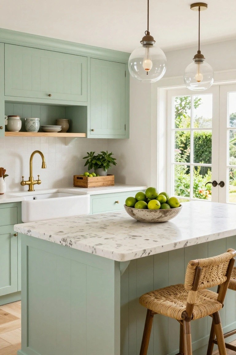 Kitchen with pale green shaker cabinets, white farmhouse sink, gold faucet, marble-topped island holding a bowl of limes, wooden crate of apples, potted plant, open shelves with pottery, globe pendant lights, rattan bar stools, and window overlooking garden.
