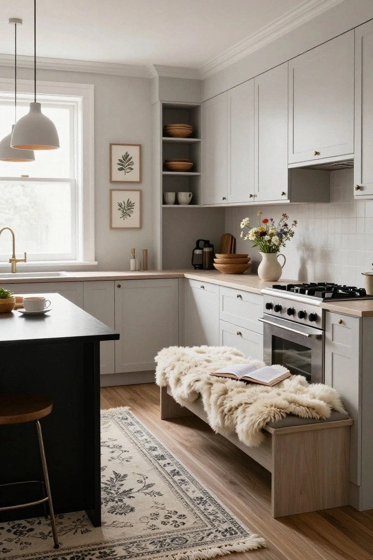 Light gray shaker-style kitchen cabinets surround a black island with a wooden bench draped in white sheepskin throw and an open book, next to a gas range and window.