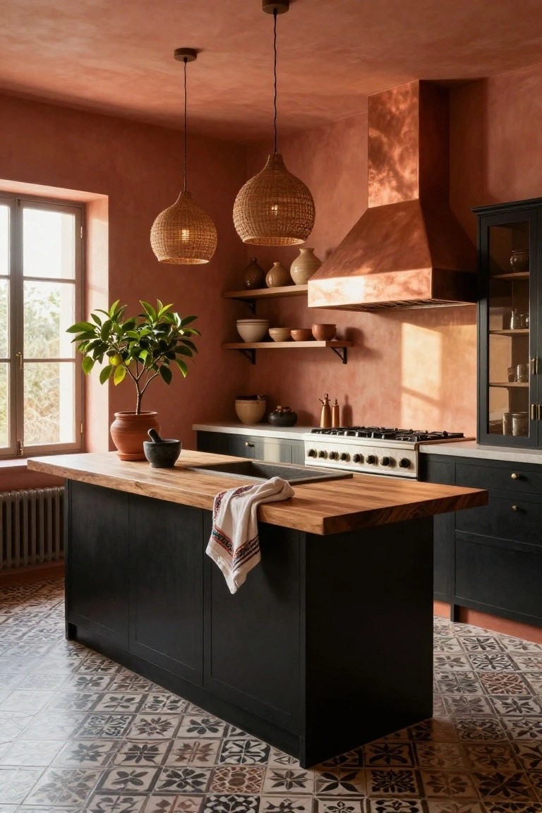 Kitchen interior featuring terracotta plaster walls, black lower cabinets, light wood island countertop, rattan pendant lights, copper range hood, and patterned tile floor.