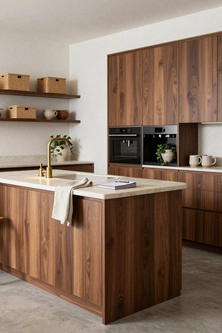 Modern kitchen interior with full-height walnut wood cabinets, central island topped with light stone, brass gooseneck faucet over sink, integrated black ovens, and potted plants on shelves and counters.