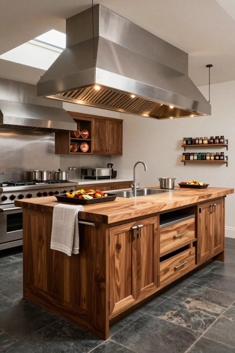 Luxury kitchen interior with a large wooden island featuring a towel draped over one end, stainless steel appliances, double range hood overhead, wood cabinets, and vegetables on the counter.