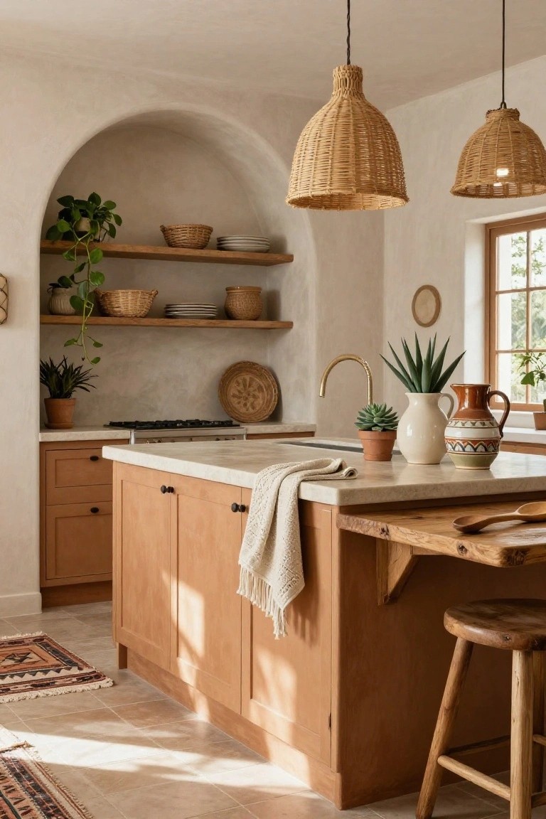 Kitchen with arched plaster niche holding plants and baskets, two woven rattan pendant lights over a wooden island with stools, beige cabinets, gold faucet, and terracotta decor.