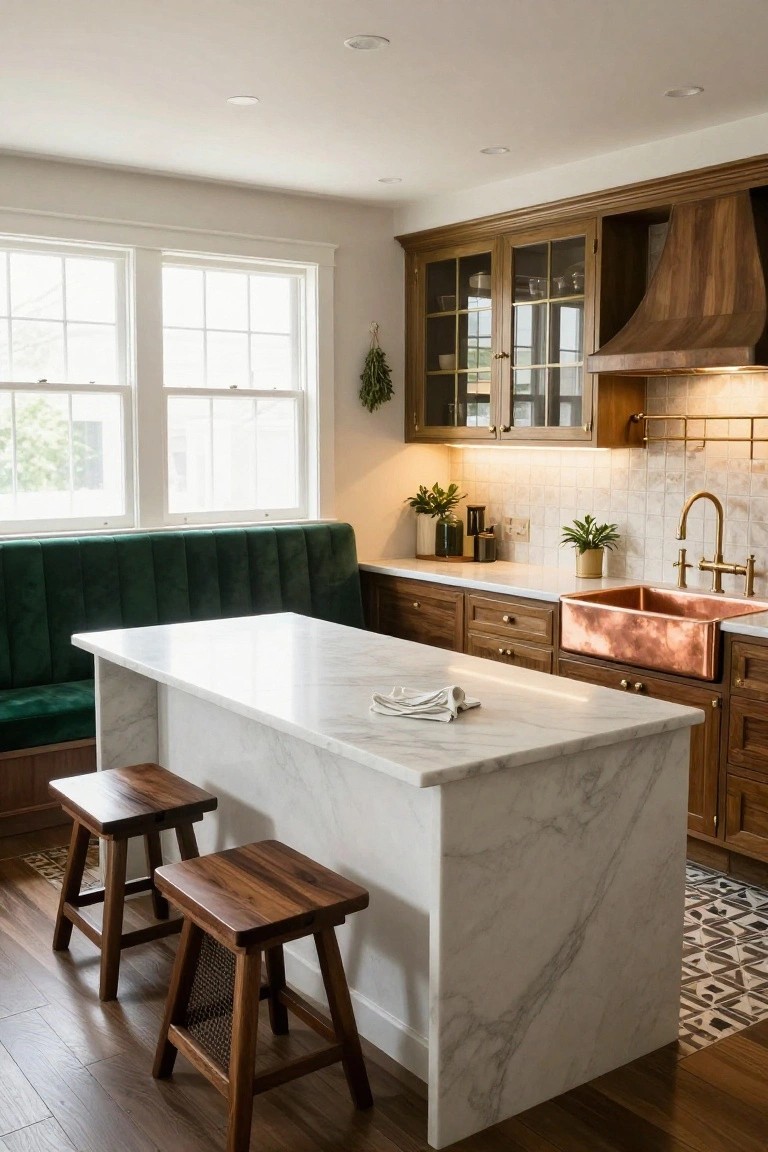 Modern kitchen with marble island, copper sink, wood cabinets, and green bench.