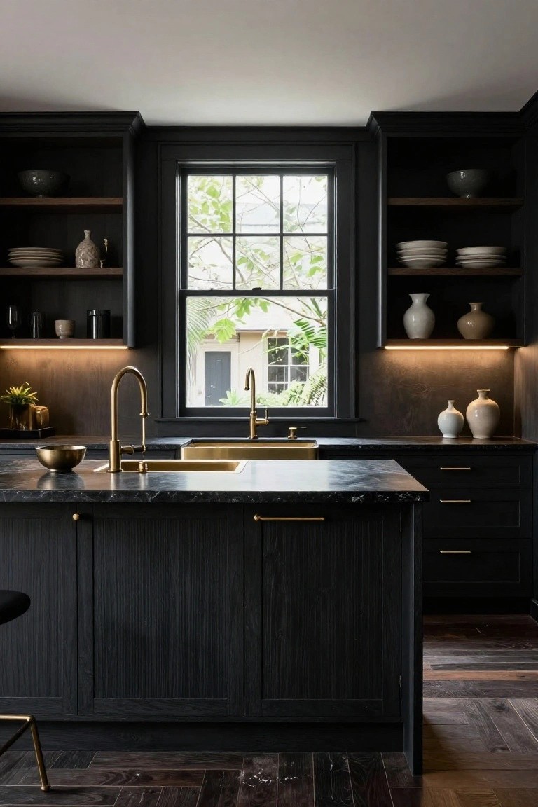 A luxury kitchen with black cabinets, a central black island topped in dark marble, gold brass faucet and hardware, under-cabinet lighting, and a large window with trees outside.