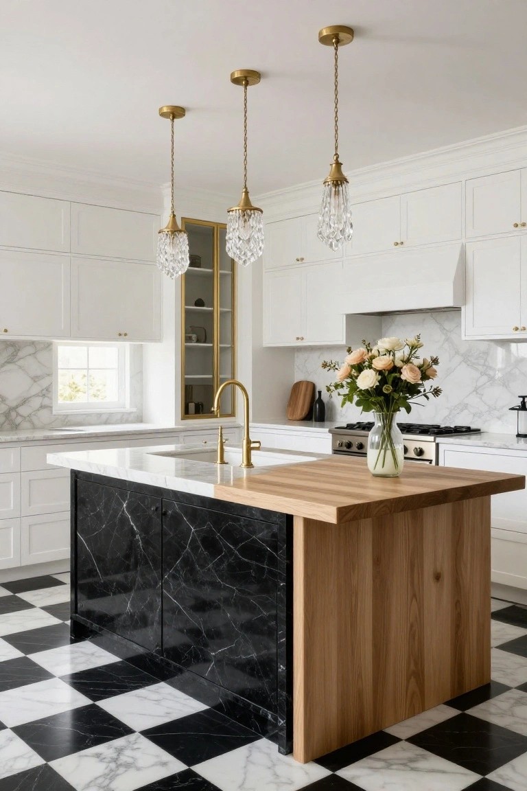 A luxury kitchen with white shaker-style cabinets, a central island featuring black marble cabinetry and a light wood countertop, gold pendant lights, a gold faucet, marble backsplash, and black-and-white checkered marble floor.