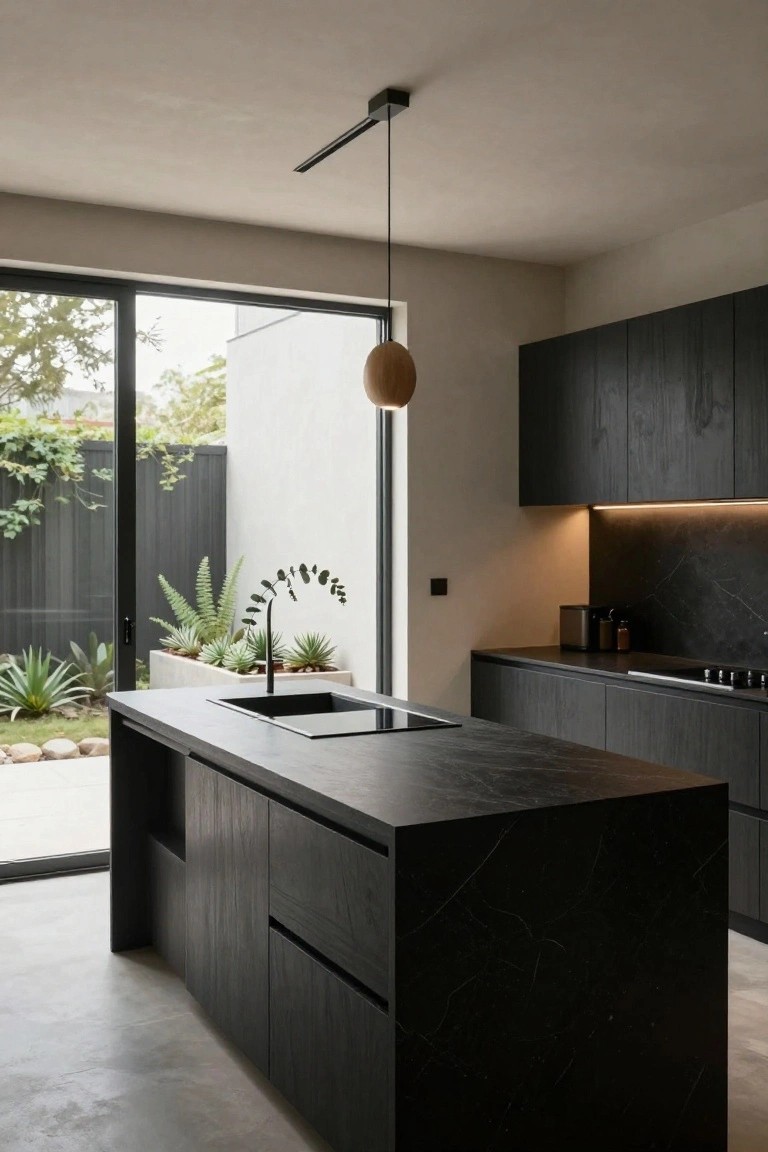 Modern kitchen interior with large black stone-topped island, integrated sink and cooktop, dark wood cabinets, wooden pendant light, and sliding glass doors to a garden with plants and rocks.