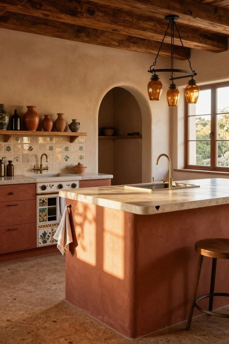 Rustic kitchen with curved terracotta island, white countertops, brass faucet, hanging amber glass pendants, exposed wood beams, and terracotta pottery on shelves.