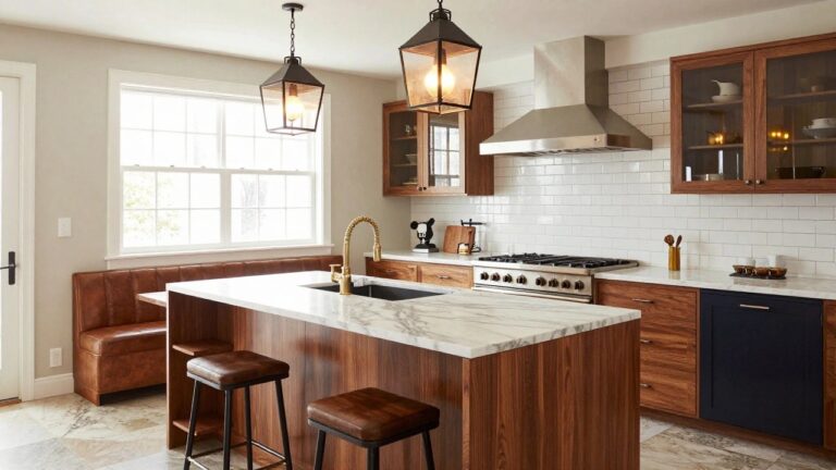 A kitchen with a navy blue center island topped by white marble countertop and black sink, gold faucet, two tan leather bar stools, white perimeter cabinets, wood open shelves, stainless steel range, and two black metal lanterns hanging above.