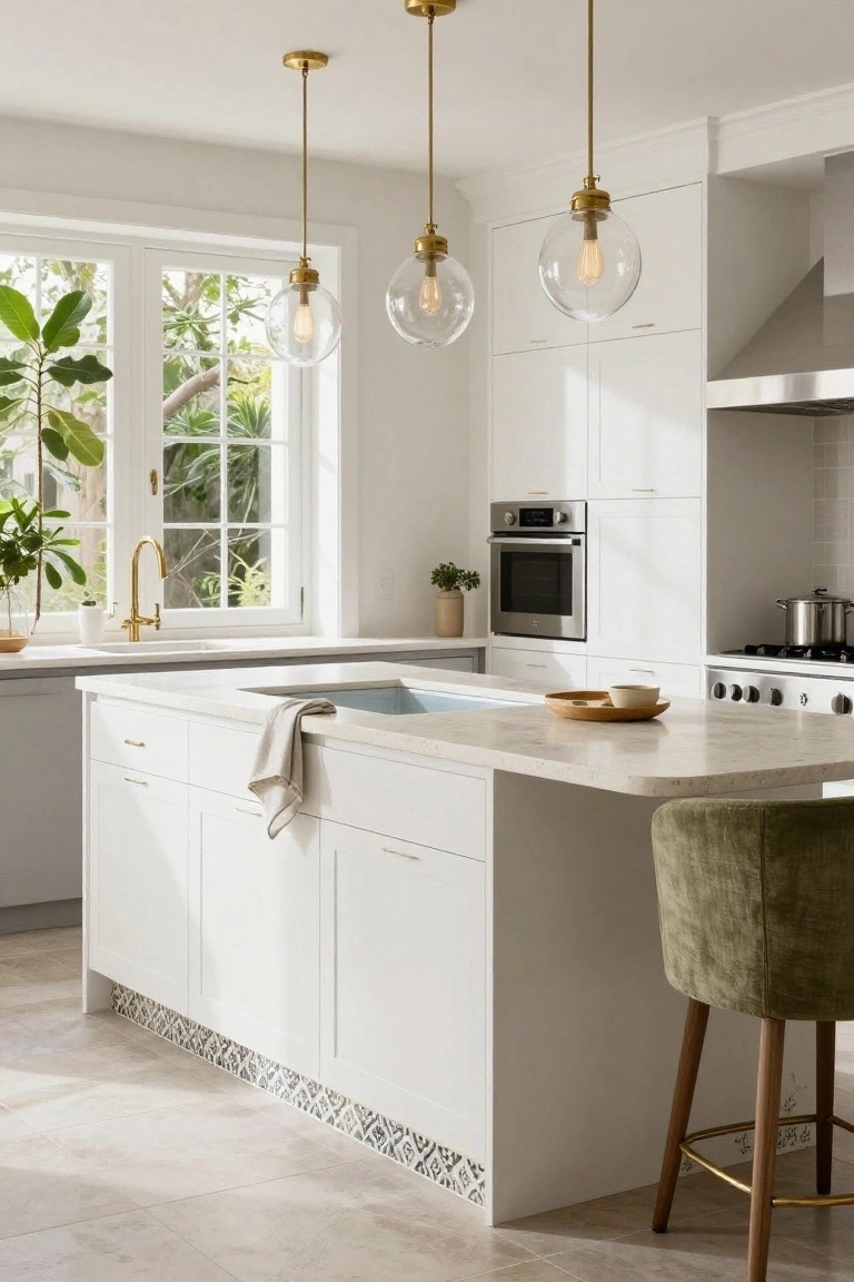 White kitchen with large central island topped by light stone countertop, integrated sink, three brass-framed glass globe pendant lights hanging above, green velvet bar stool, white cabinets, and window with potted plants and outdoor greenery.