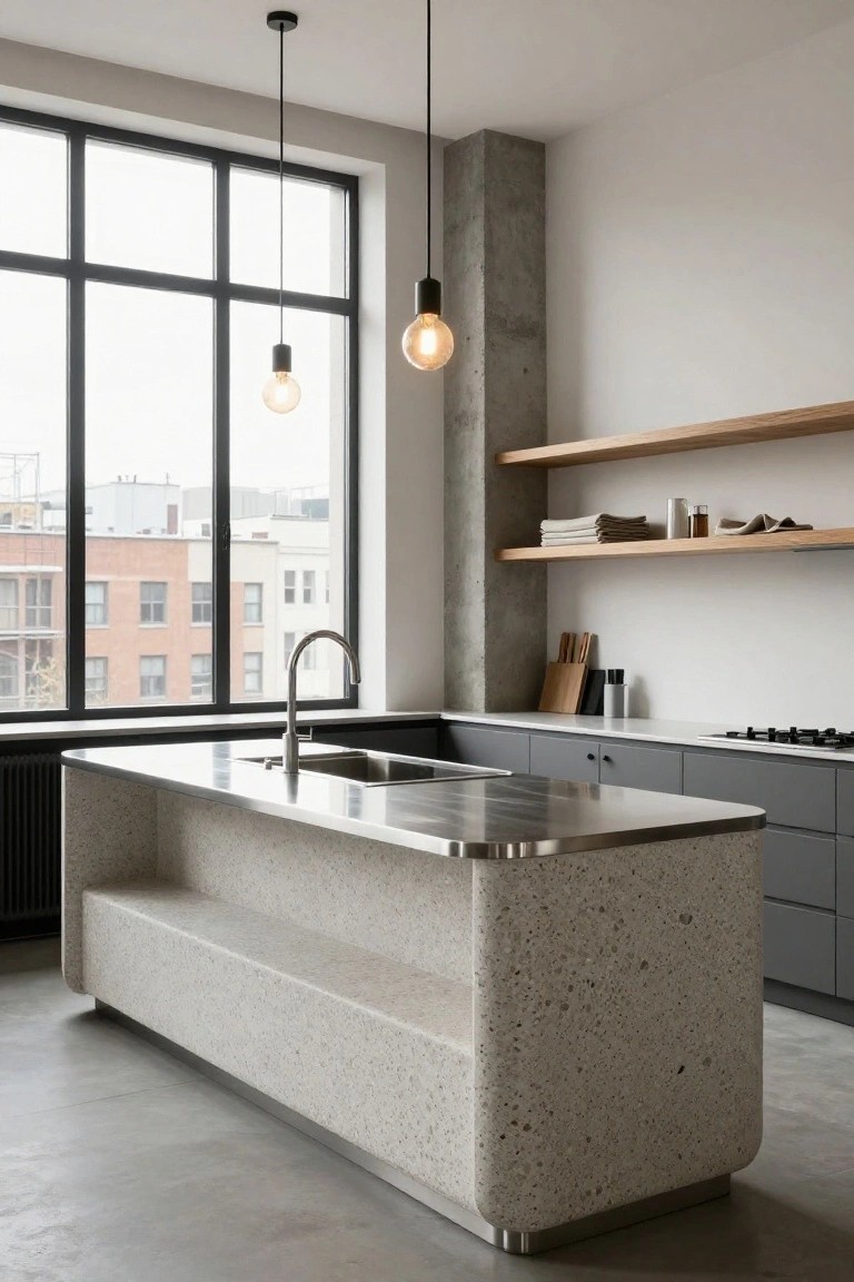 Modern loft kitchen with large central island featuring stainless steel countertop, sink, and integrated concrete bench seating on one side, gray cabinets, wood shelves, and large black-framed windows overlooking brick buildings.