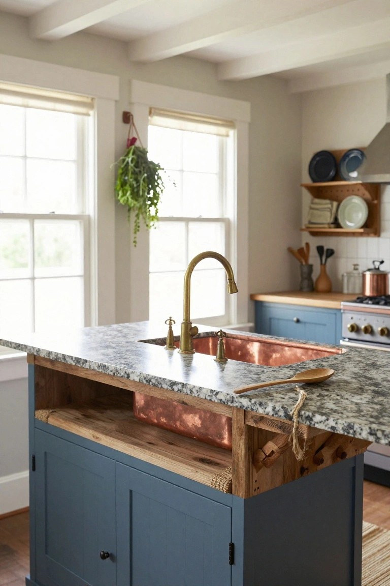 Kitchen island with copper apron-front sink, brass gooseneck faucet, granite countertop, navy blue cabinets, and wooden framing, set in a bright room with white walls, large windows, and blue cabinetry nearby.