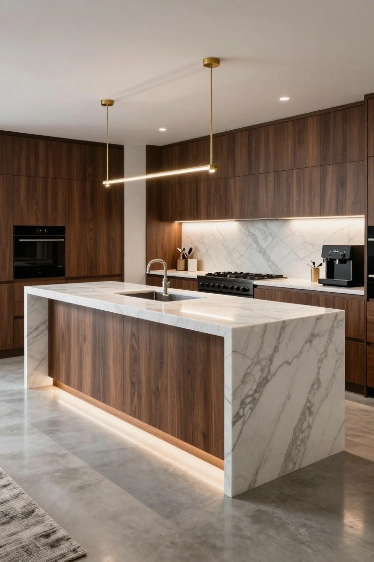 Modern kitchen with walnut cabinetry, large white marble island featuring waterfall edges and underlighting, gas cooktop, black appliances, and polished concrete flooring.