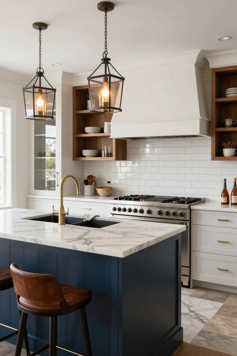 A kitchen with a navy blue center island topped by white marble countertop and black sink, gold faucet, two tan leather bar stools, white perimeter cabinets, wood open shelves, stainless steel range, and two black metal lanterns hanging above.