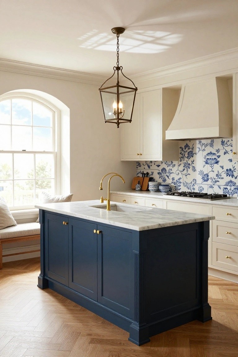 Kitchen interior with central navy blue island featuring white marble countertop and integrated gold faucet sink, white shaker-style cabinets, blue floral tile backsplash, arched window, and herringbone oak flooring.