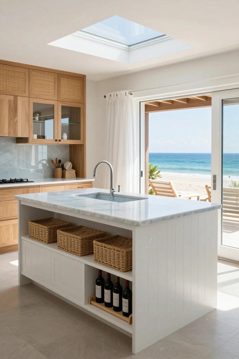 White kitchen island with marble countertop and open shelving underneath holding rattan baskets and red wine bottles on a wood rack, paired with light wood cabinets and a view of the ocean through sliding glass doors.