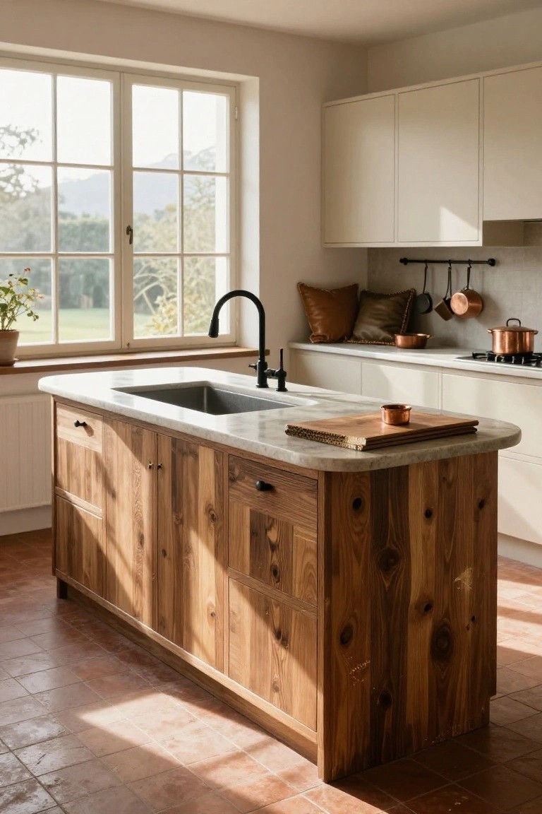 Kitchen interior with a large rounded island featuring knotty wood base cabinets and white quartz countertop, black faucet in the sink, white upper cabinets, hanging copper pots, and large windows showing green countryside view.