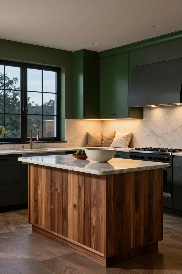 Kitchen interior with dark green cabinets, white marble counters and backsplash, central island clad in vertical walnut wood panels with marble top, gold gooseneck faucet over white sink, and large black-framed window with trees outside.