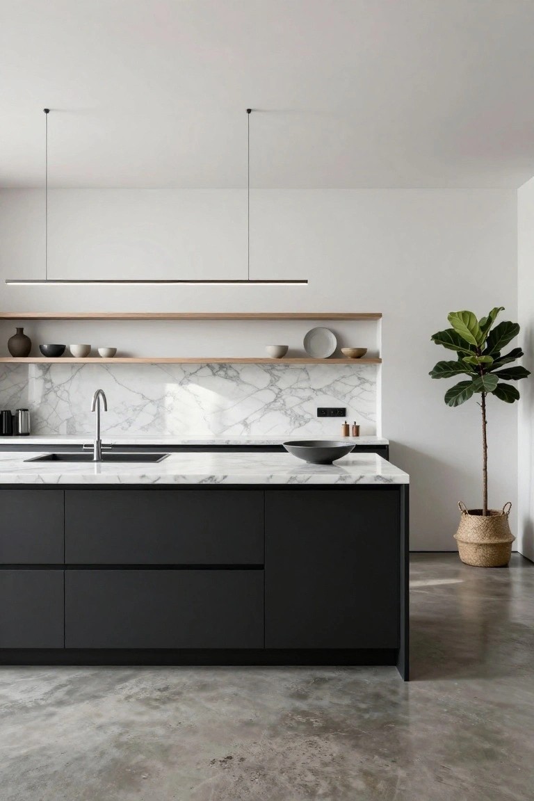 Modern kitchen featuring matte black lower cabinets, white veined marble countertops and backsplash, wooden open shelves with ceramics, a black sink, and a potted fiddle leaf fig plant next to an island on a polished concrete floor.