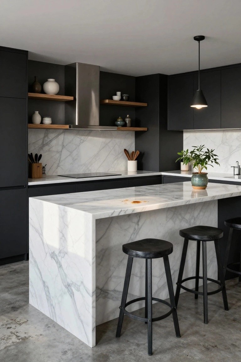 Modern kitchen interior with matte black cabinets, white veined marble countertops and backsplash, large central island with waterfall edges, two black wooden stools, open wood shelves, and polished concrete floor.