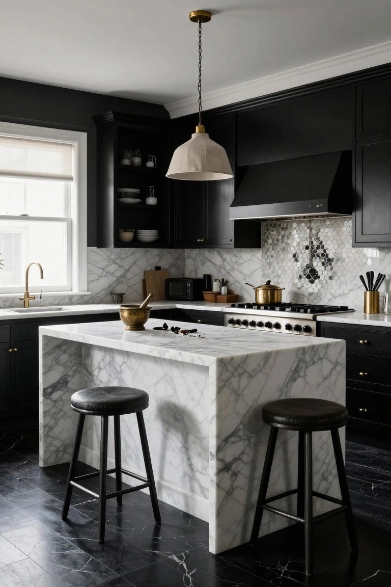 A luxury kitchen with black cabinets, white veined marble countertops and island, gold faucet and pot on stove, black leather stools, and a white pendant light over the island.
