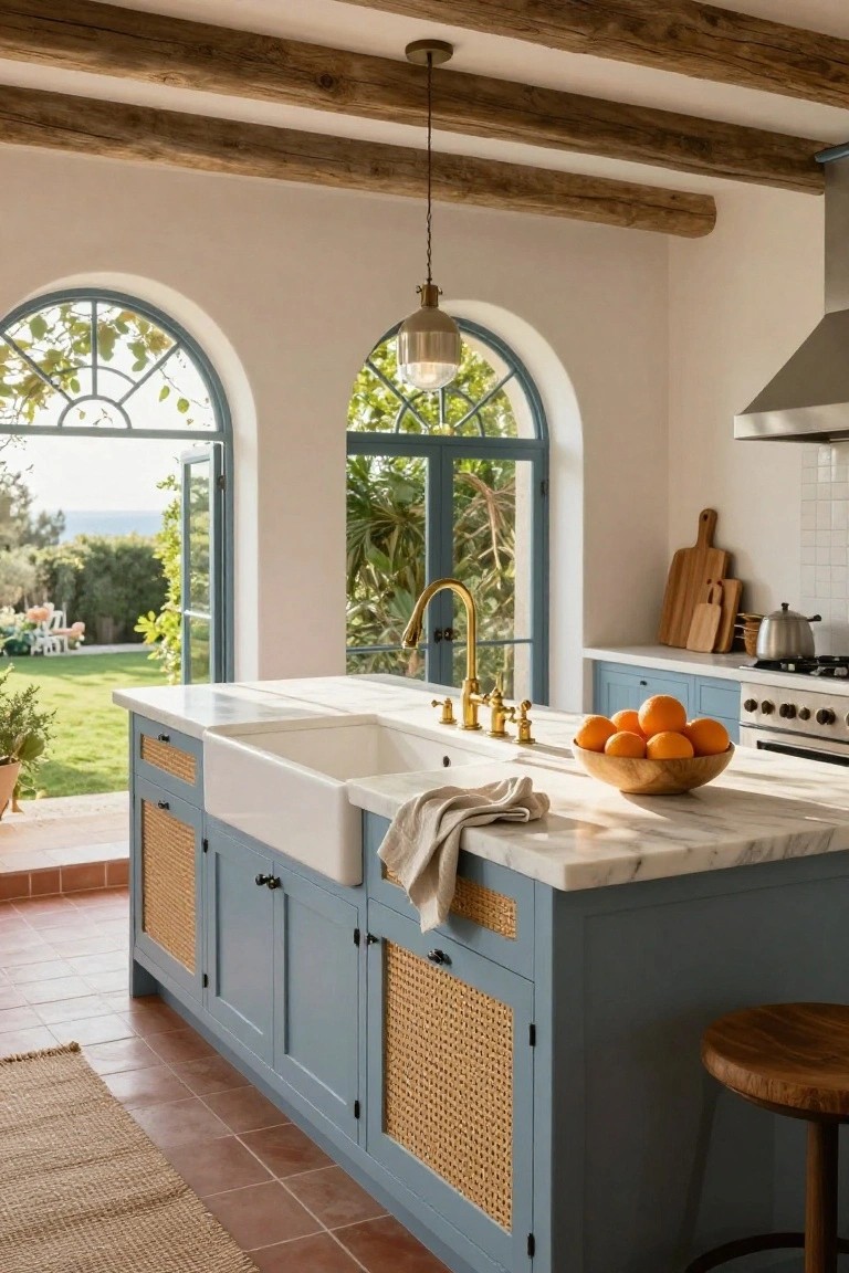 Kitchen interior featuring a large blue island cabinet with white marble countertop, farmhouse sink, gold faucet, wooden cutting boards, oranges in a bowl, and arched windows and doors opening to a green garden view.