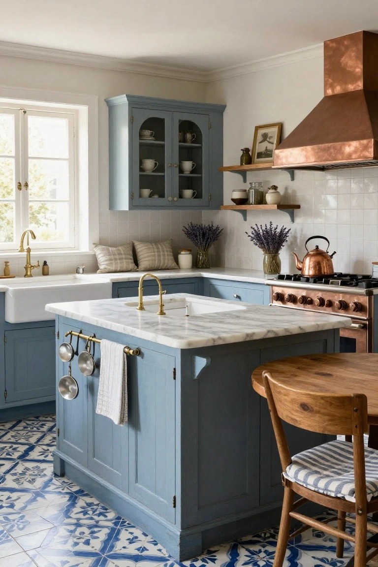 Kitchen with light blue painted cabinets, white marble island countertop, copper range hood and cookware, white subway tile backsplash, and blue and white patterned tile floor.