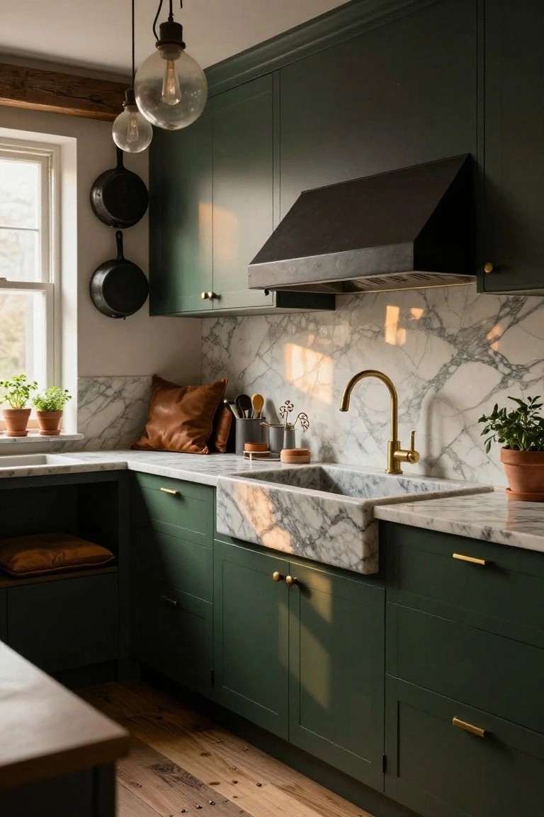 Corner view of a kitchen with dark green cabinets, white marble countertops and backsplash, brass faucet over a white farmhouse sink, hanging pendant lights, and potted plants on the counter.