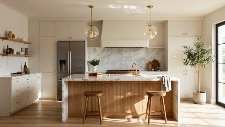 Kitchen with white veined marble countertops and backsplash, central wooden island with two round stools, brass pendant lights hanging above, white shaker cabinets, copper range, and large window.