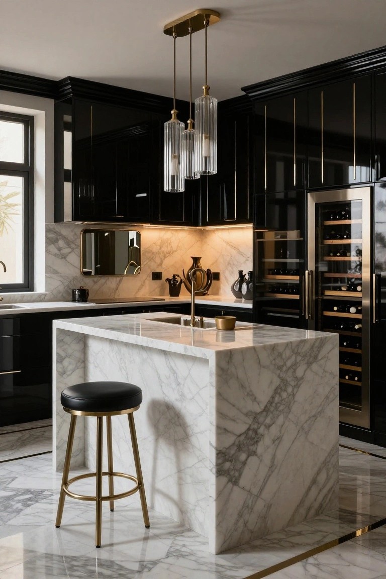 Luxury kitchen interior with high-gloss black cabinets, white veined marble island countertop backsplash and flooring, brass pendant lights, black leather bar stool, wine refrigerator, and gold accents.
