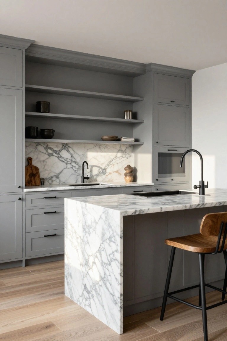 Kitchen with tall gray cabinets, open wood shelves holding pottery, white veined marble backsplash and island countertop, black faucet over sink, and wooden stool with black legs.