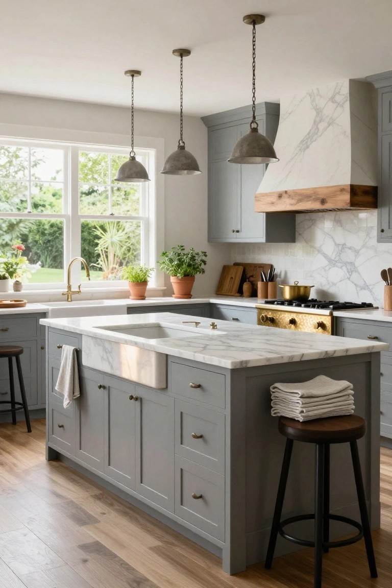 Kitchen with light gray cabinets, white marble countertops and island featuring an apron-front sink, brass faucet and range, wooden beam hood, pendant lights, and plants by the window.