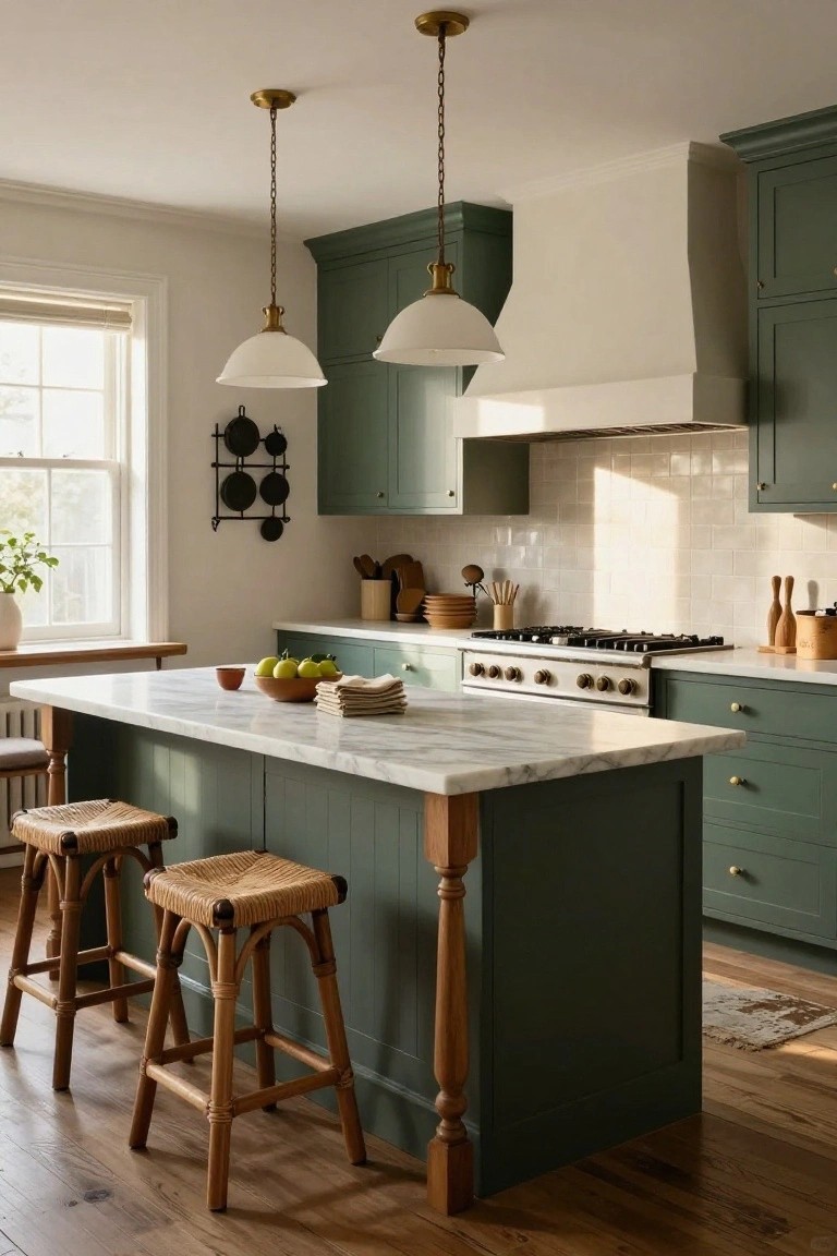 Kitchen with sage green cabinets, white marble island countertop holding apples and dishes, two rattan barstools, brass pendant lights, white range hood, subway tile backsplash, and hardwood floors.