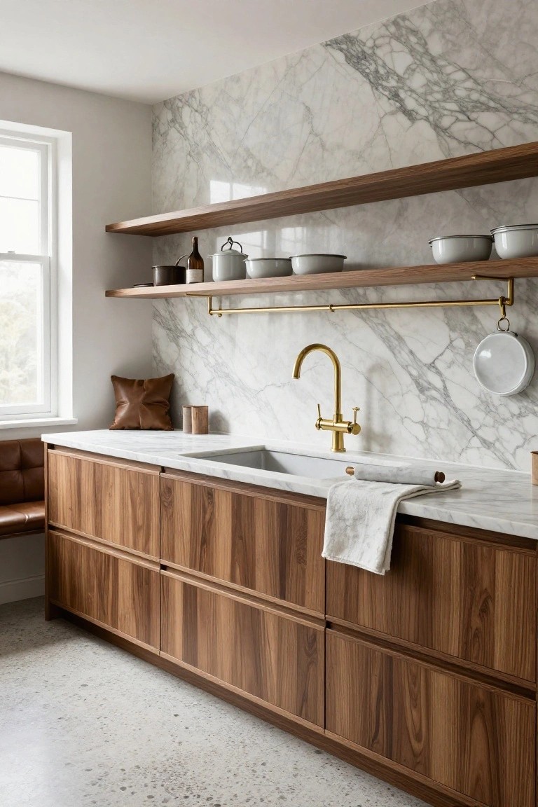 Kitchen with white veined marble backsplash and countertop, walnut wood lower cabinets and open shelves, gold faucet and hanging rail with pots, beige bench seat, and white bowls on shelves.