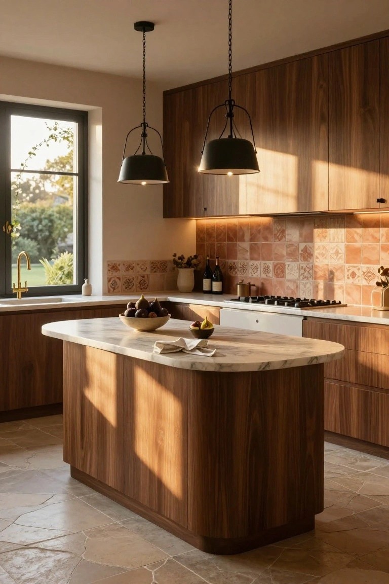 Kitchen with walnut wood cabinets, curved white marble island countertop holding fruit bowl, terracotta tile backsplash, gas cooktop, pendant lights, and window to garden.