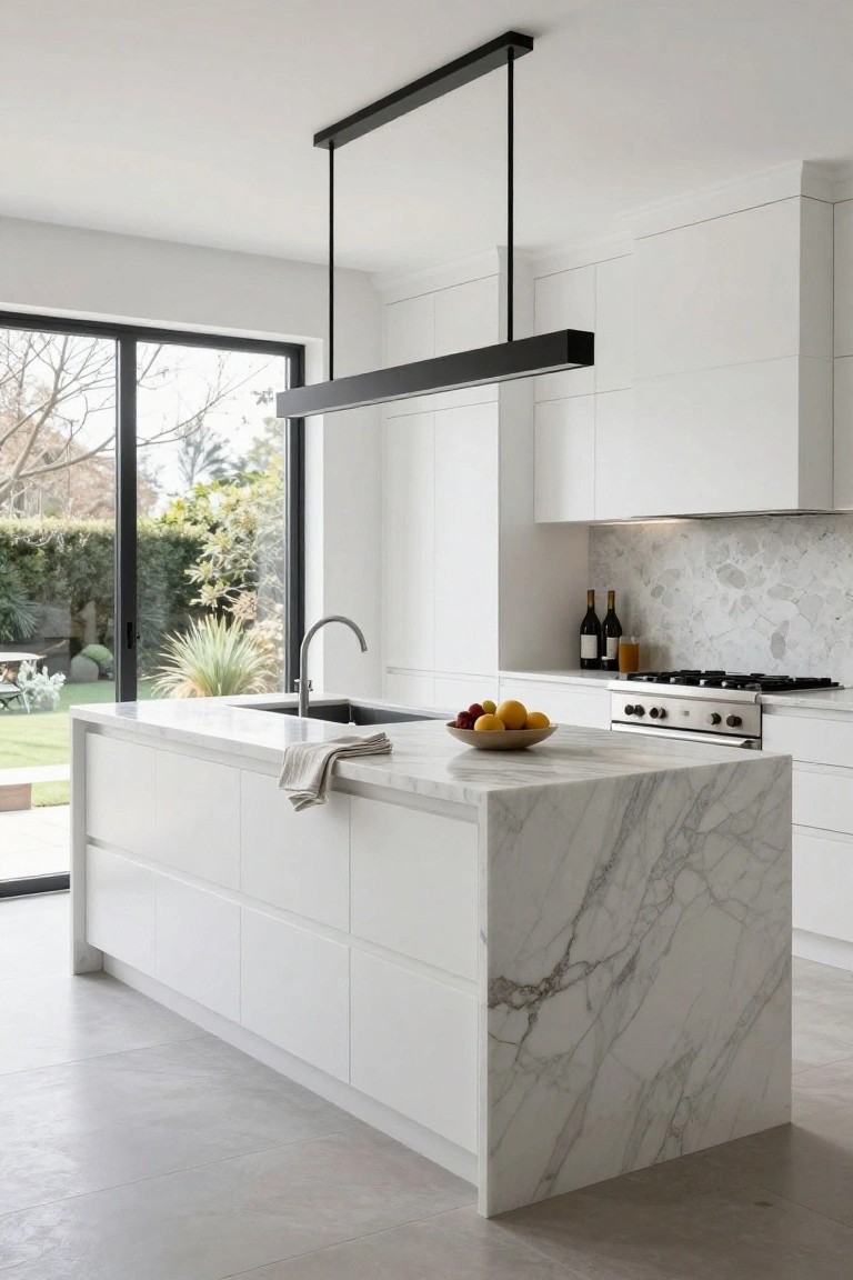 Modern white kitchen with large marble-topped island, black linear pendant light overhead, sink and cooktop along the wall, and garden visible through large glass doors.