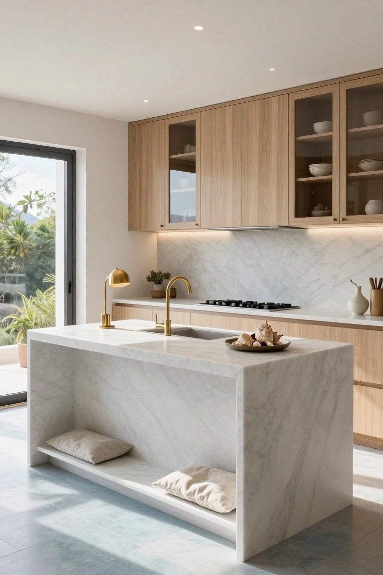 Modern kitchen with light oak cabinets, white marble island featuring integrated bench seating with beige cushions, gold faucets, herringbone marble backsplash, and large black-framed window overlooking palm trees and greenery.