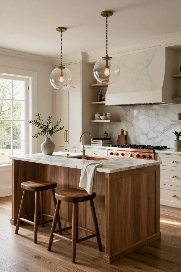 Kitchen with white veined marble countertops and backsplash, central wooden island with two round stools, brass pendant lights hanging above, white shaker cabinets, copper range, and large window.