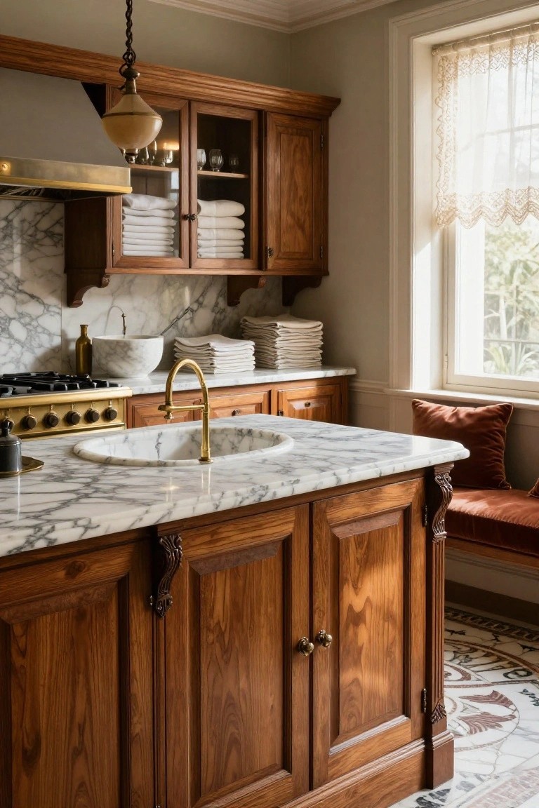 Marble-Topped Wood Kitchen Island