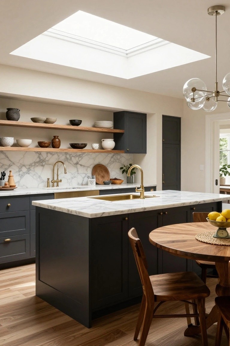 Kitchen interior featuring dark navy cabinets, white marble countertops and island, gold faucet, marble backsplash, open shelving with pottery, skylight overhead, and wooden stools at a round table on hardwood floors.