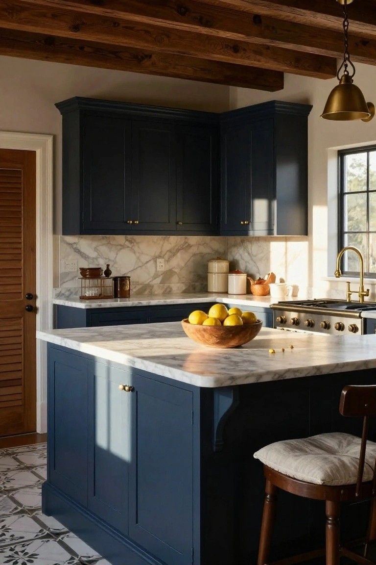 Kitchen interior with navy blue cabinets, white veined marble countertops and backsplash, brass faucet and hardware, wooden island stool, bowl of lemons on the island, exposed beam ceiling, and window light.