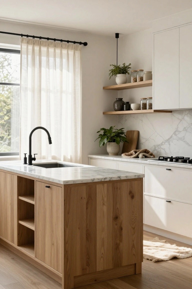 Modern kitchen with white cabinets, marble countertops and backsplash, central oak wood island, black pull-out faucet over sink, floating wood shelves with pottery, sheer curtains on window, and light wood flooring.