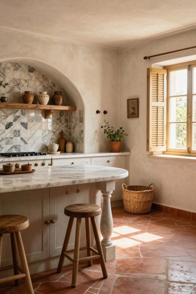 Kitchen interior with curved white marble island countertop, wooden bar stools, terracotta tile floor, arched niche tiled wall with pottery on wooden shelf, and wooden shutters on window.